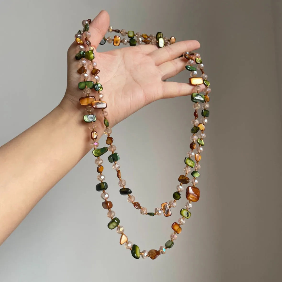 Retro bohemian colorful shell beaded double layer necklace in Coffee Green with mother of pearl geometric pendant