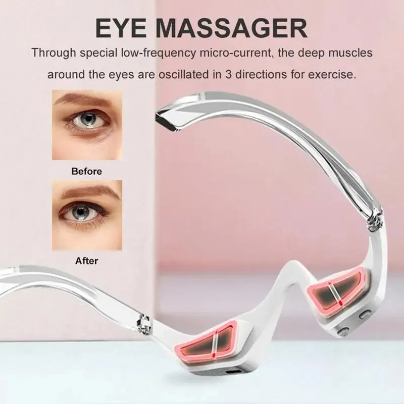 Pink and white micro-current eye massager with glasses-style design