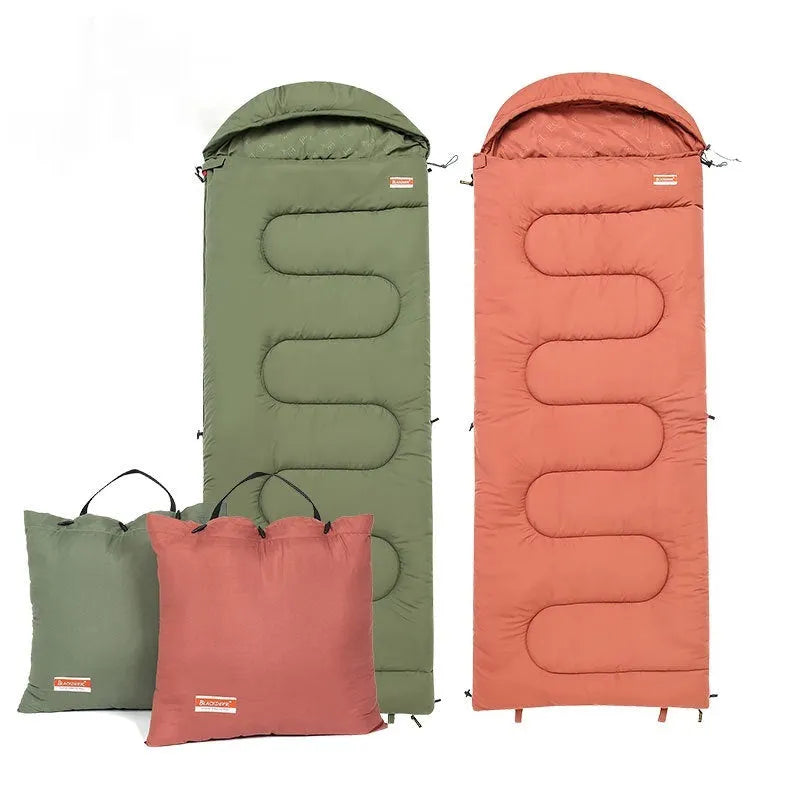 Ultra-light cotton camping sleeping bag quilt in ochre or olive green colour.