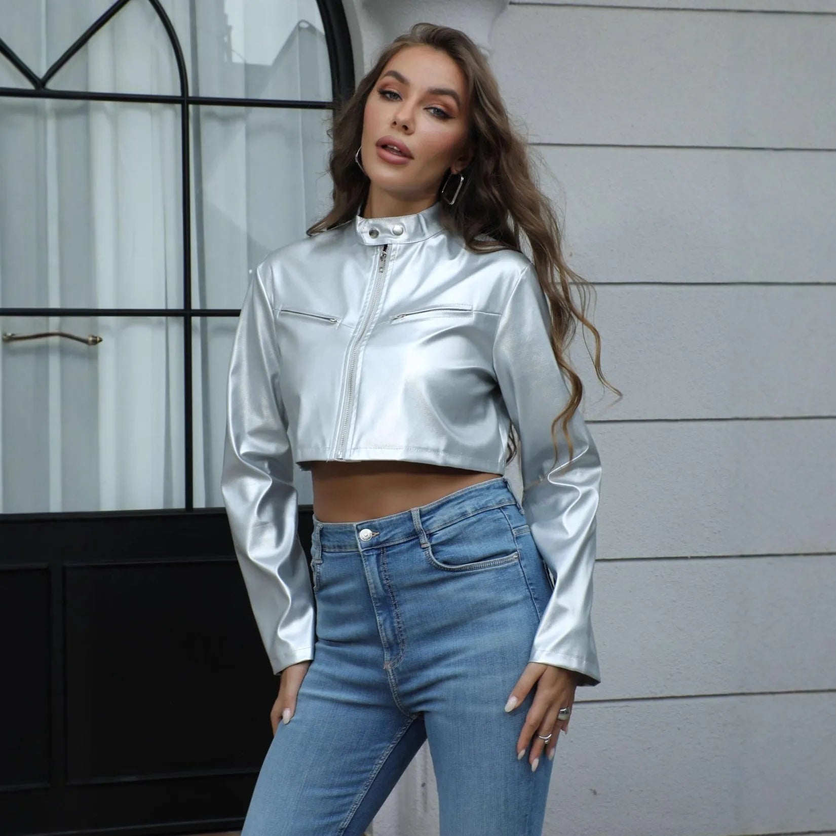 Women's silver metallic stand-collar zipper jacket with patchwork detail artificial leather slim fit short length