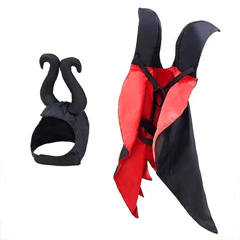 Halloween pet bat devil costume with red cloak and matching pointed hat for dogs or cats