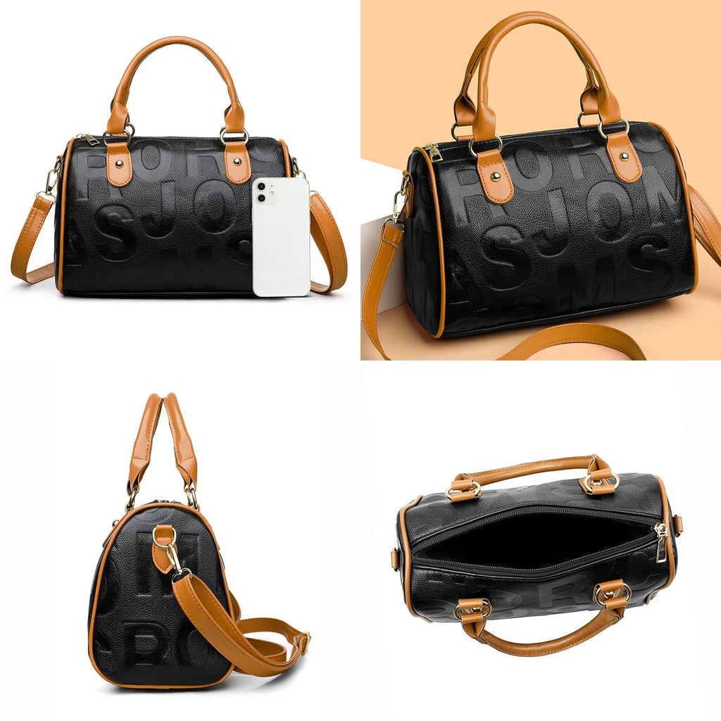 Cylindrical brown PU crossbody bag with three shoulder straps showing textured interior lining