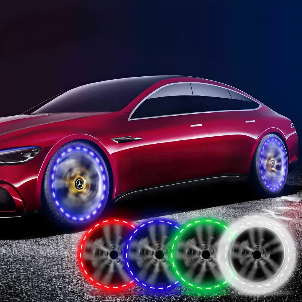 Solar-powered LED decorative light mounted on a vehicle wheel hub with colourful flashing LEDs.