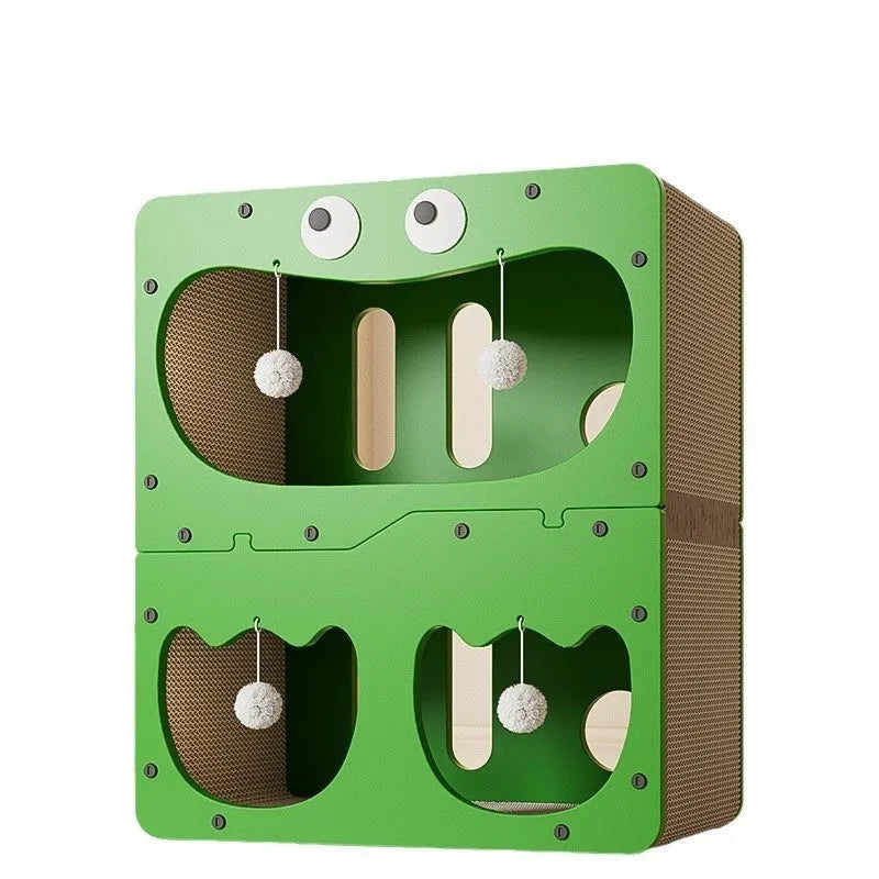 Double-layer cat scratching board and nest in a primary colour, showing a cat head decorative style.