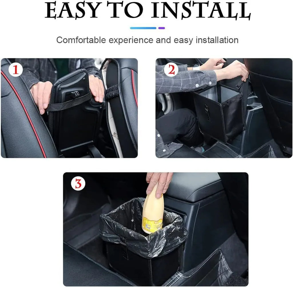 Black waterproof Oxford cloth car hanging trash can folded and unfolded showing 220x145x220mm dimensions