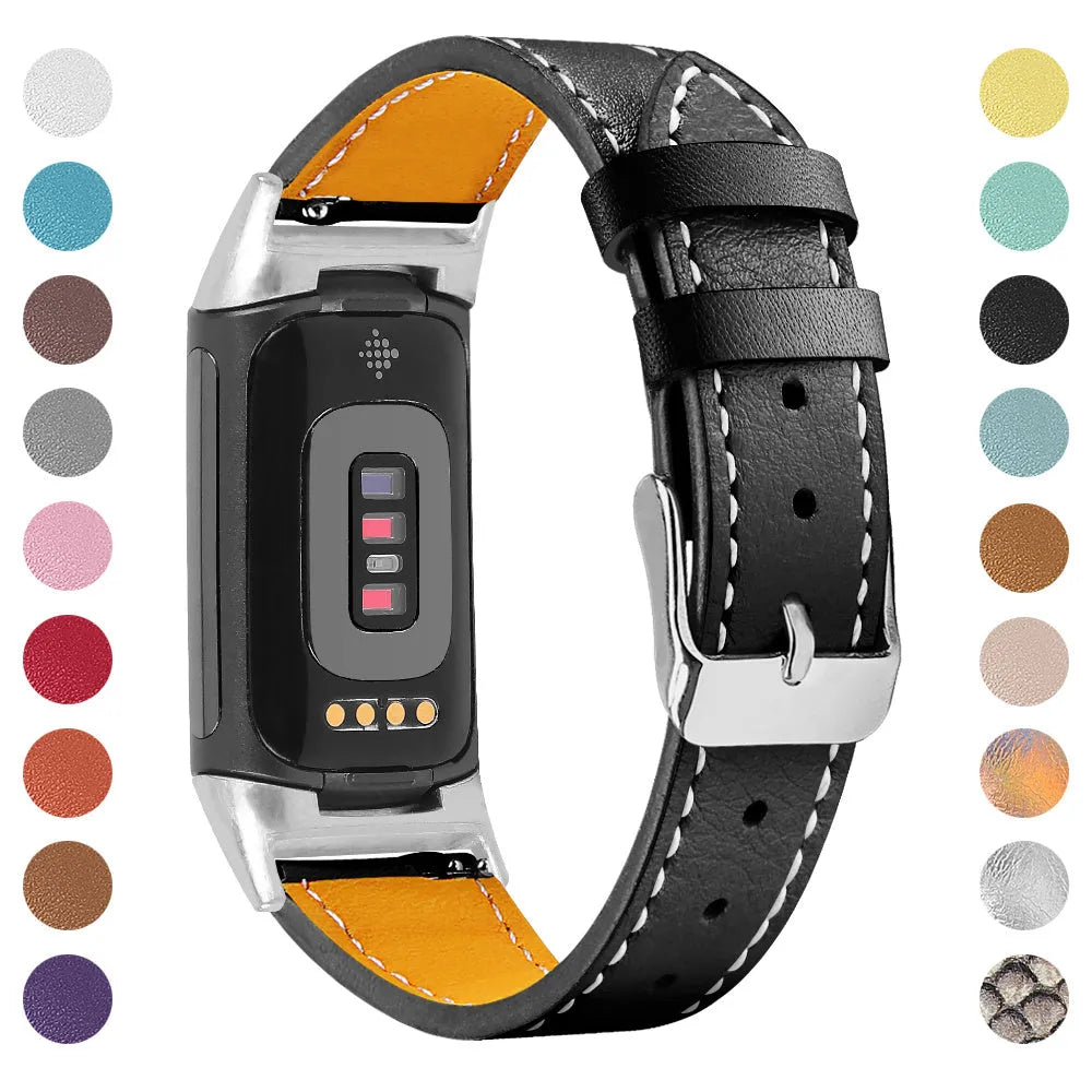 Genuine cowhide leather replacement strap for Fitbit Charge 5 and Charge 6 smartwatches in multiple colour options.