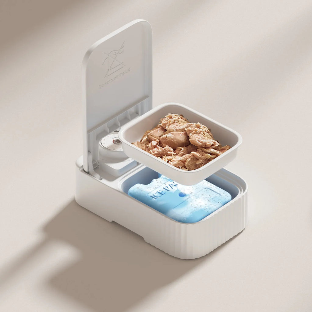 White pet automatic feeder with timer display and removable ice crystal cooling box underneath.