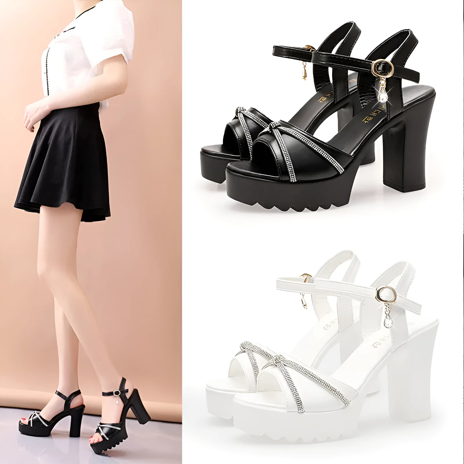 Women's black high heel sandals with strappy PU leather upper on a white background.