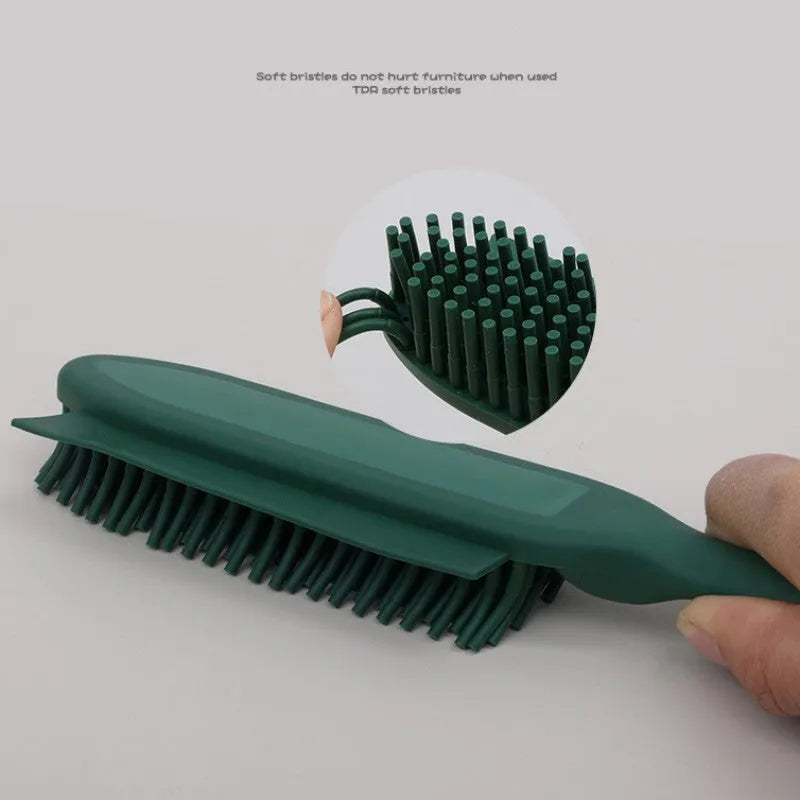 Green dog brush with pet hair remover and massage function next to wool sticker for fabric cleaning