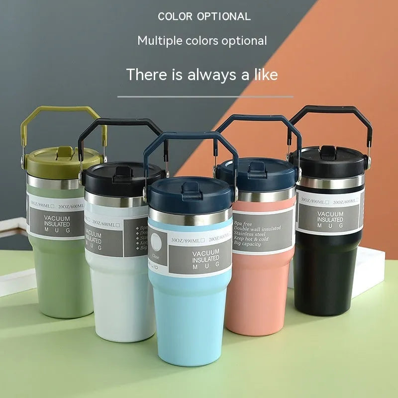 30oz stainless steel insulated travel tumbler with handle and cover in assorted colours.