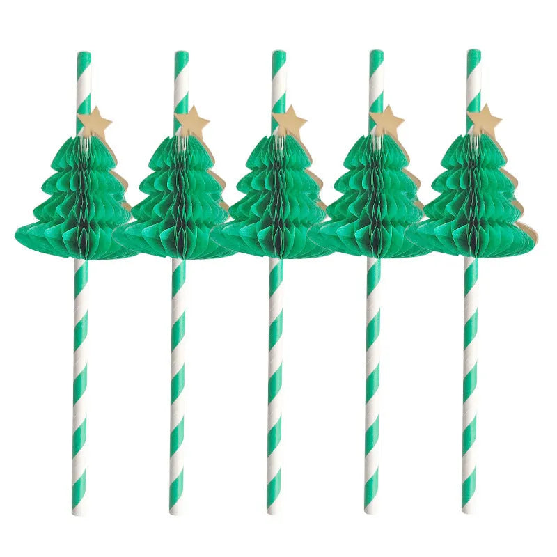 50 paper honeycomb Christmas tree straws 6x197mm in assorted colours on a table
