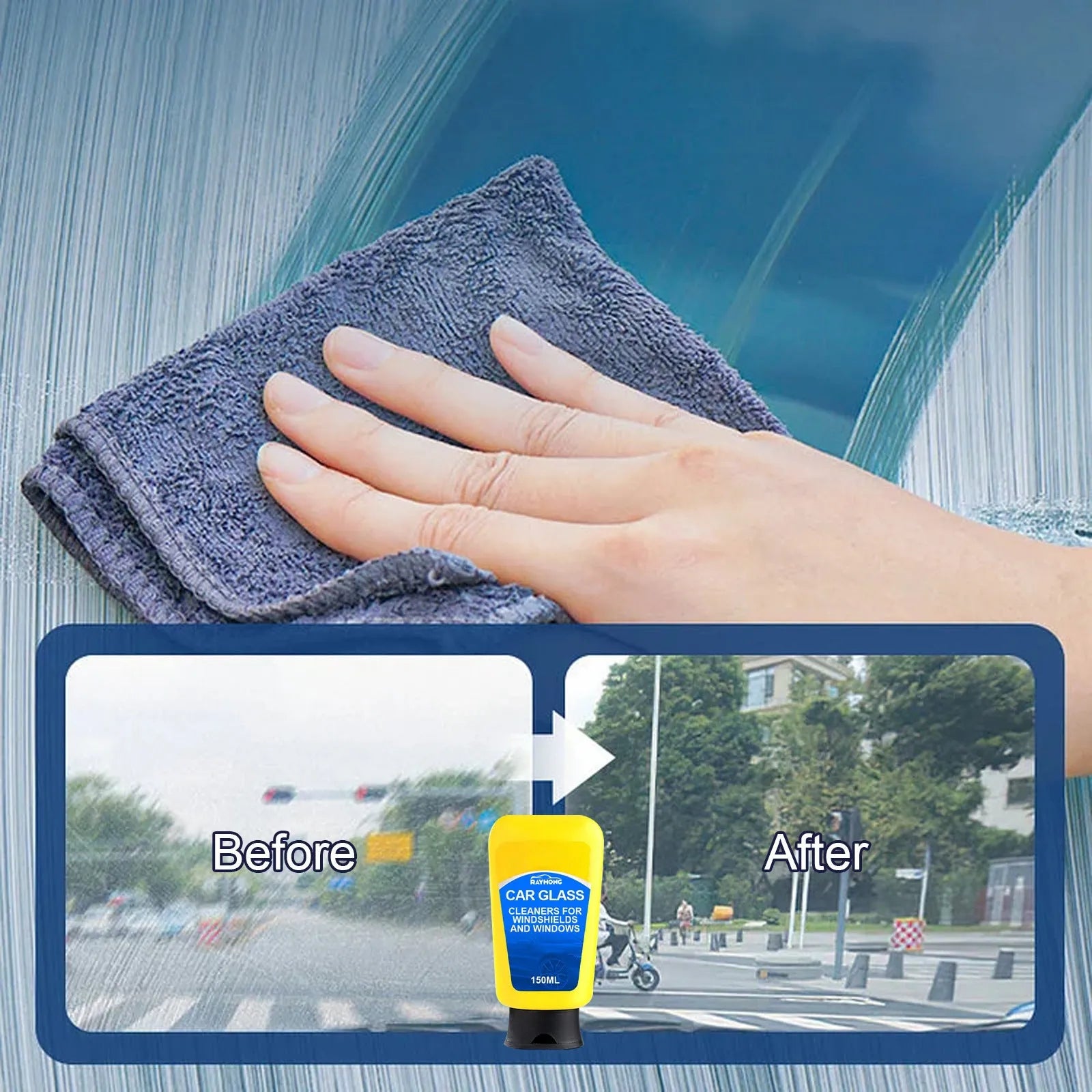 Windshield automotive detergent kit with 150ml spray bottle, sponge and microfibre cloth for car glass cleaning