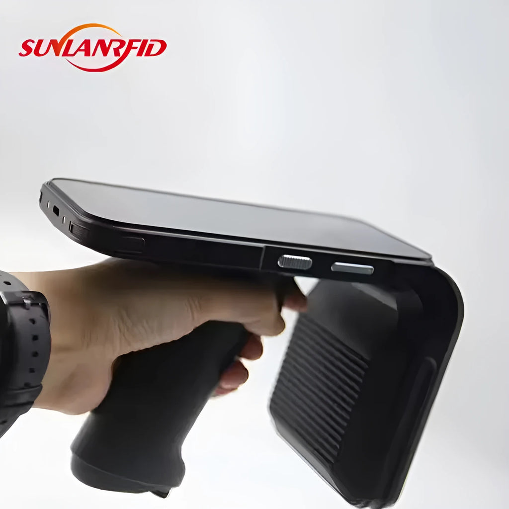 SLP-05 handheld Android UHF RFID reader scanner on a warehouse shelf