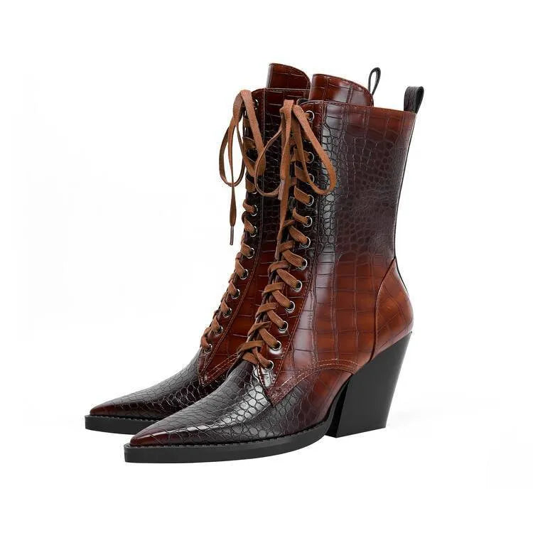 Women's dark brown pointed toe boots with a chunky heel, retro stone pattern, and side zipper.