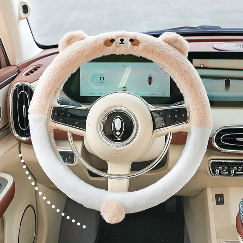 Plush cartoon animal embroidered steering wheel cover for cars in winter.