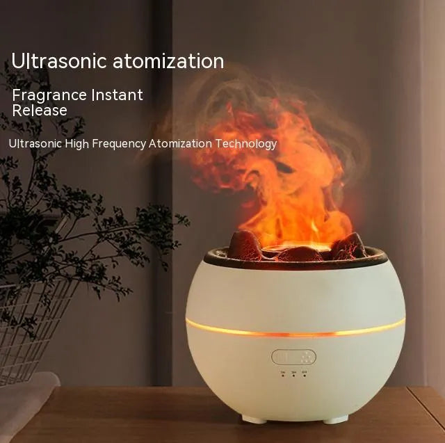 White round desktop flame aroma diffuser and humidifier with USB plug on a wooden table.