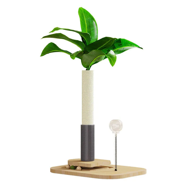 A wooden vertical cat scratching post in canna colour with a chamfered column and a food drop ball attached.