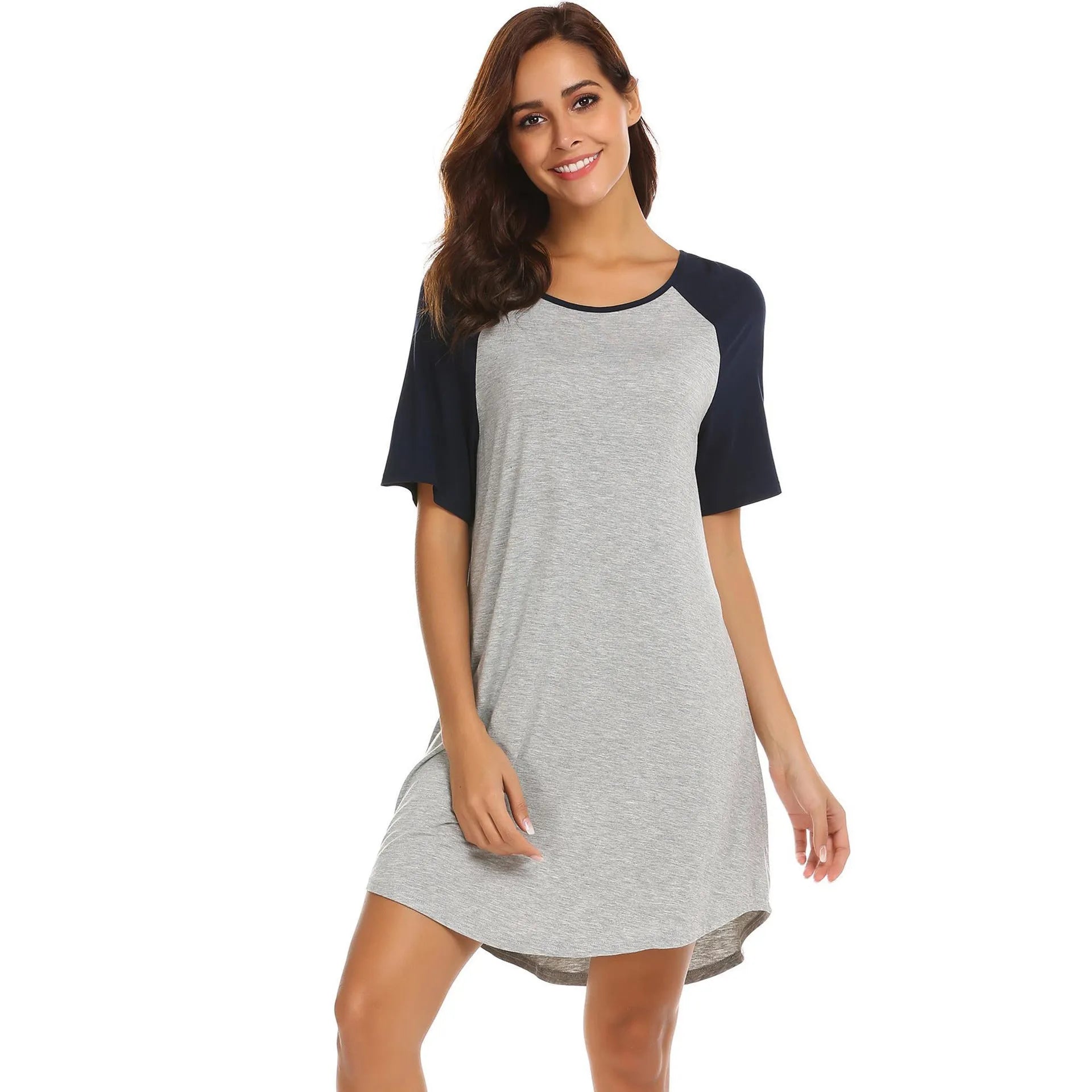 Women's double brushed nightdress with navy contrast patchwork sleeves in Shallow Flower Ash colour.