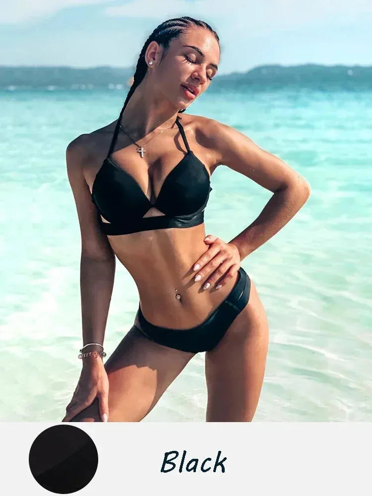 Women's backless bikini swimsuit set in polyester, shown in yellow, red, black, and leopard print colours.