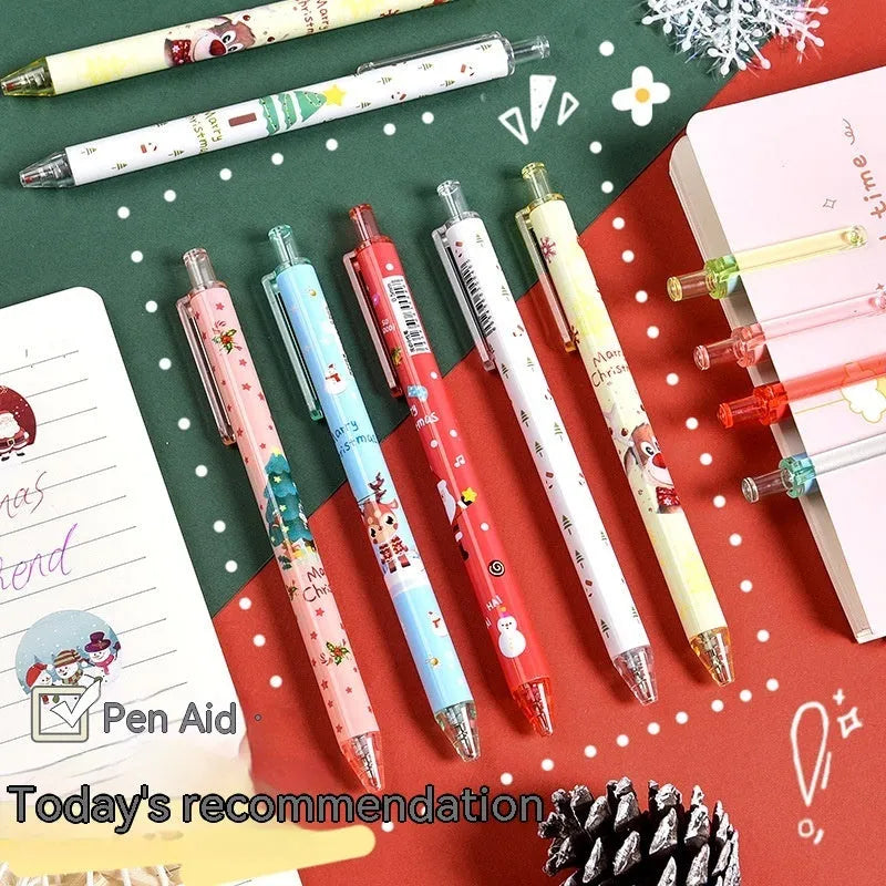Set of six colourful cartoon-design press gel pens with black refills on a white background.