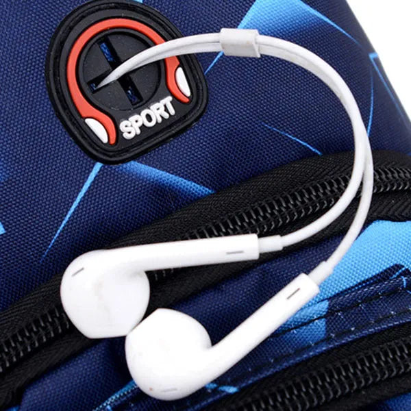 Medium blue crossbody chest bag for men with a visible earphone hole and zipper opening.