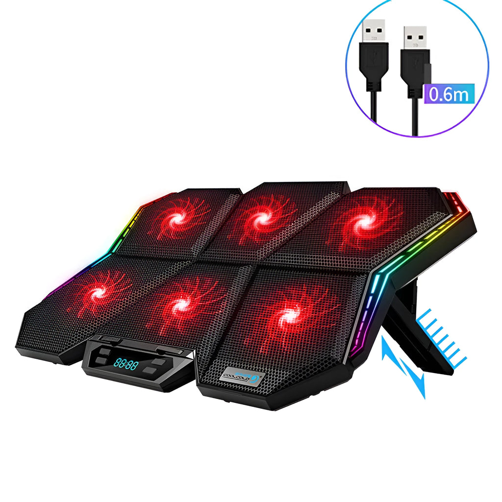 Black and red Ice Magic 6 notebook radiator with six cooling fans and a USB cable.
