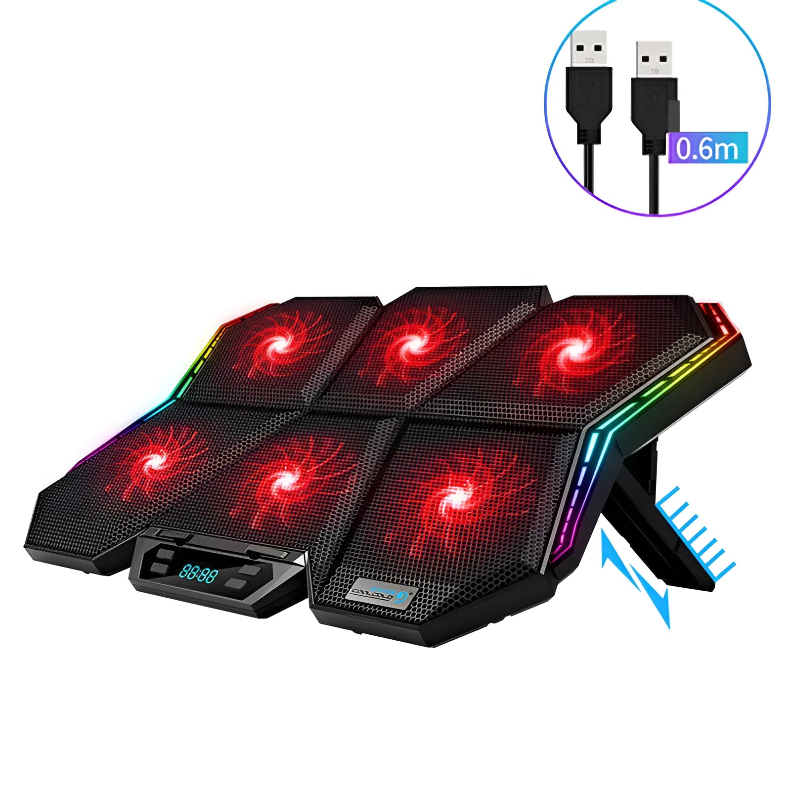 Black and red Ice Magic 6 notebook radiator with six cooling fans and a USB cable.