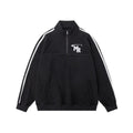 Black Hong Kong style men's polyester hoodie coat with stand collar and long sleeves.