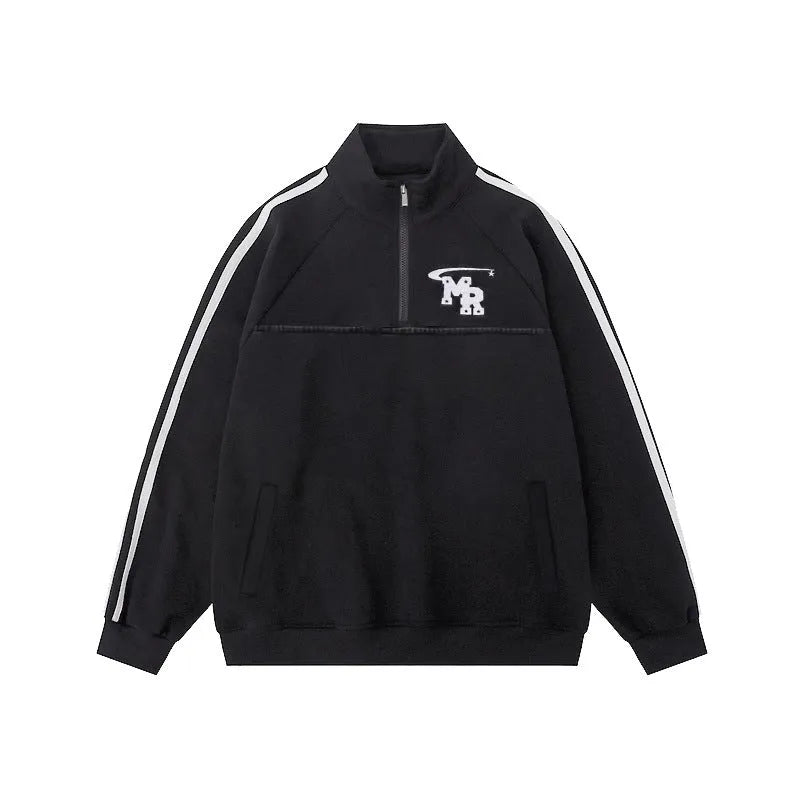 Black Hong Kong style men's polyester hoodie coat with stand collar and long sleeves.