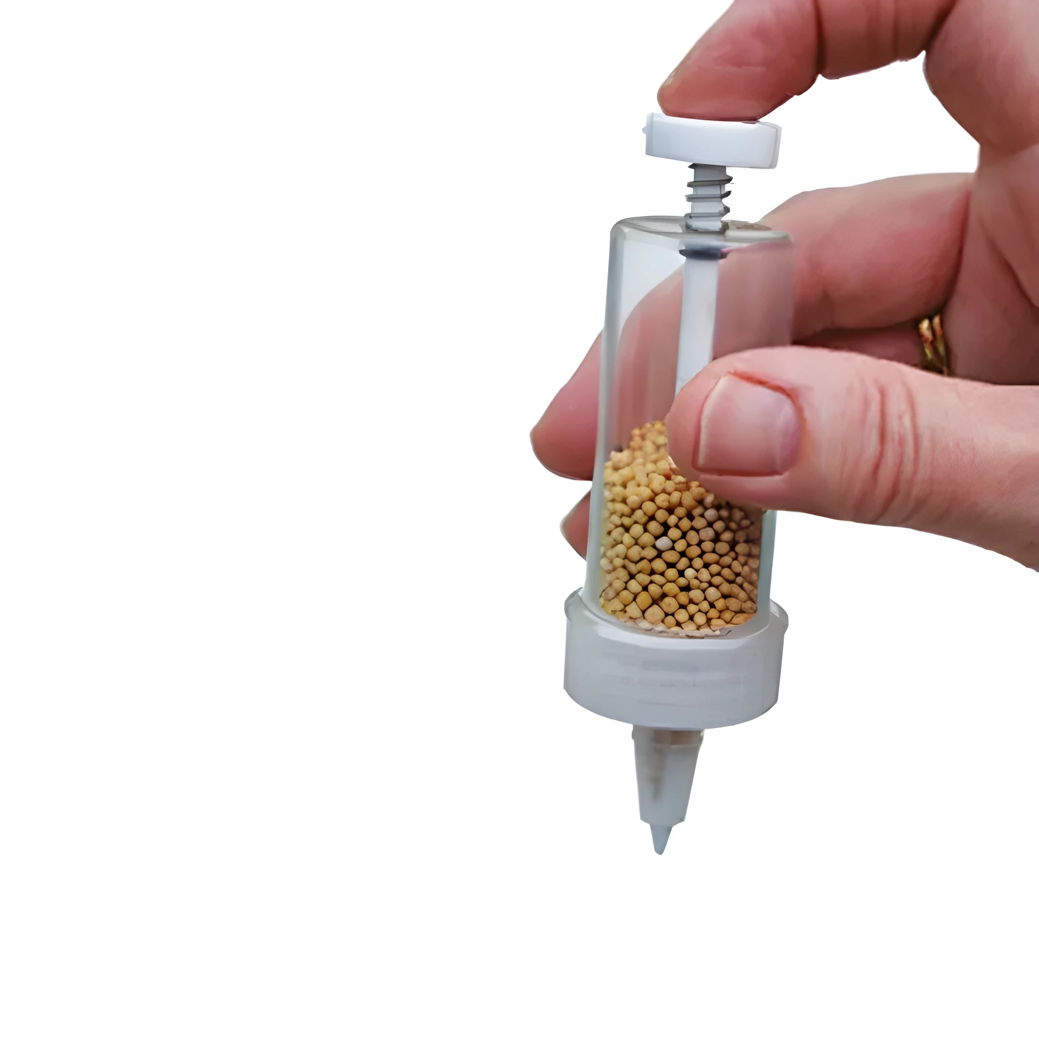 Plastic mini sower seed dispenser tool, 12cm length, for seeding pots and trays.