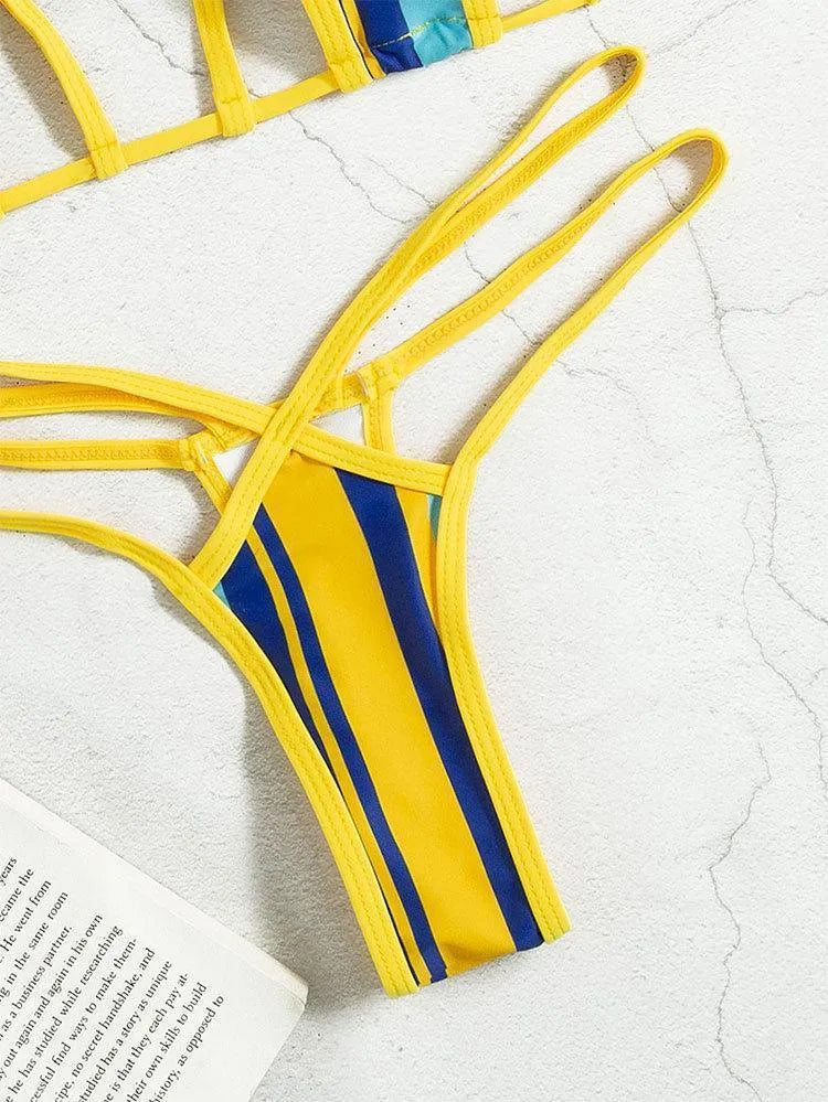 Yellow women's split swimsuit with backless hollow design and high-waist styling