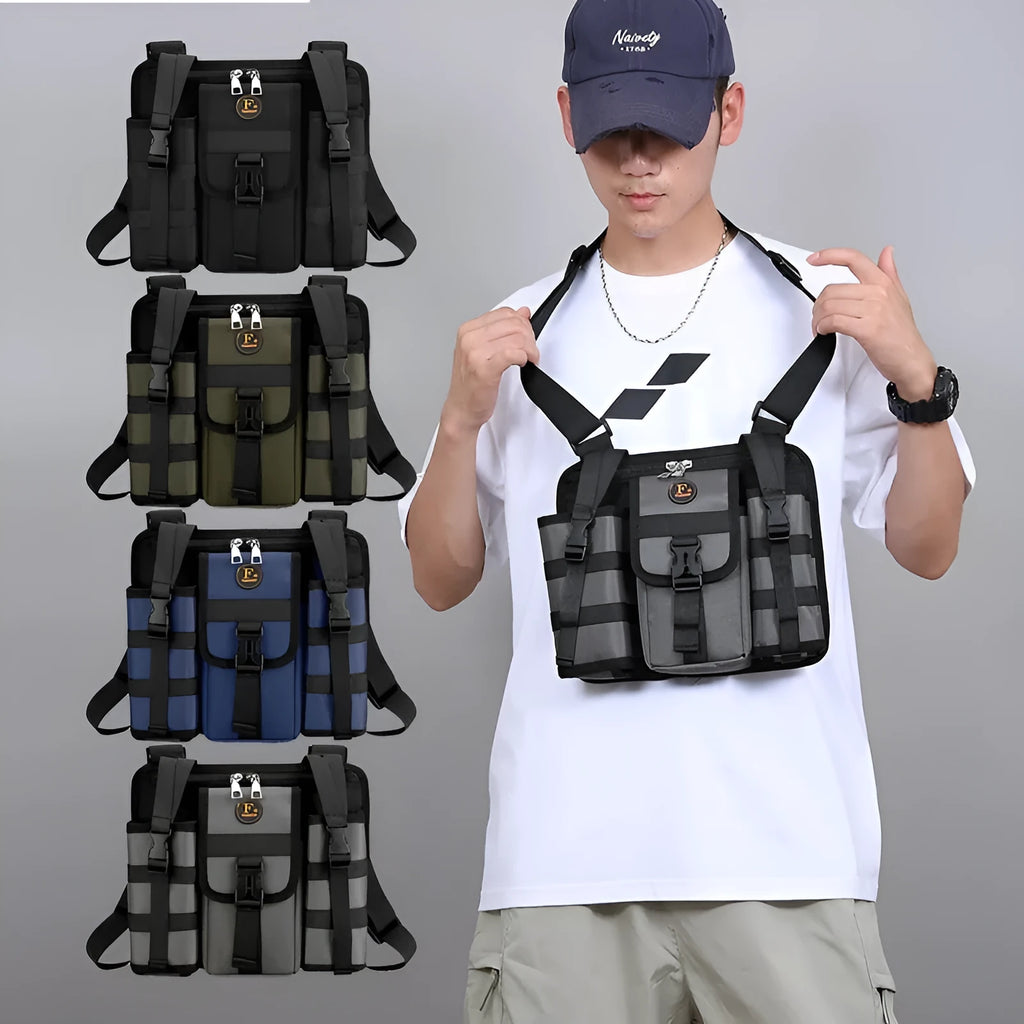 Oxford cloth leisure shoulder messenger bag in black showing dimensions and outdoor features
