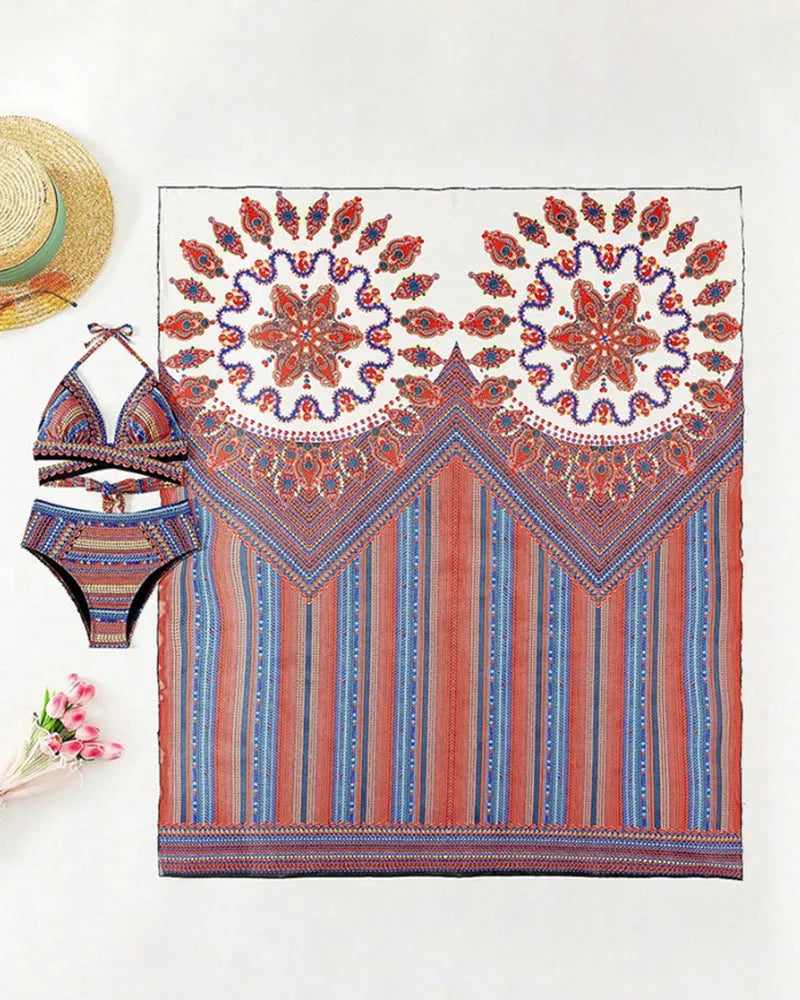 Women's three-piece swimsuit set showing cutout sleeveless blouse, high-waisted briefs, and matching swim coat