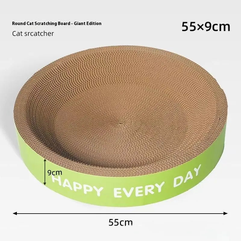 Green round-shaped cat scratching board and nest bed, showing simple style.