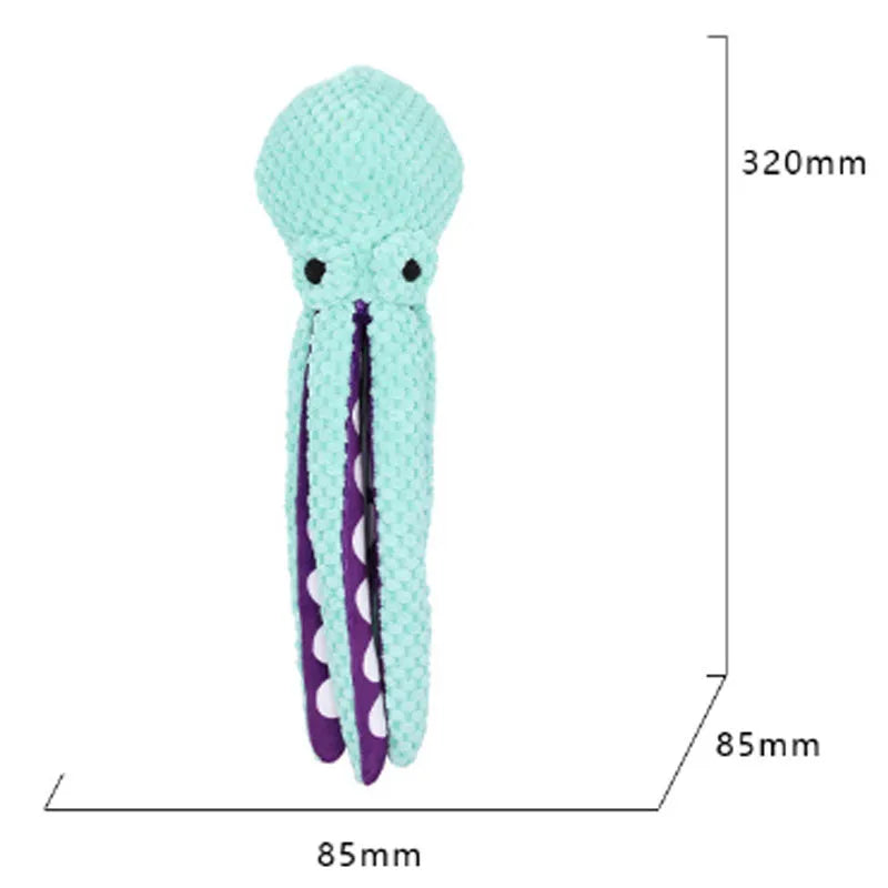 Blue plush octopus dog toy with six long legs and cartoon eyes on a white background.
