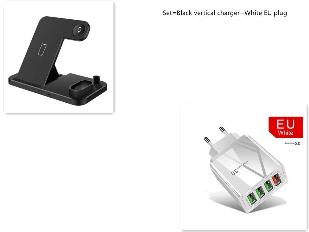 4-in-1 adjustable wireless charging station showing phone, watch, earbuds and pencil charging on a desk.