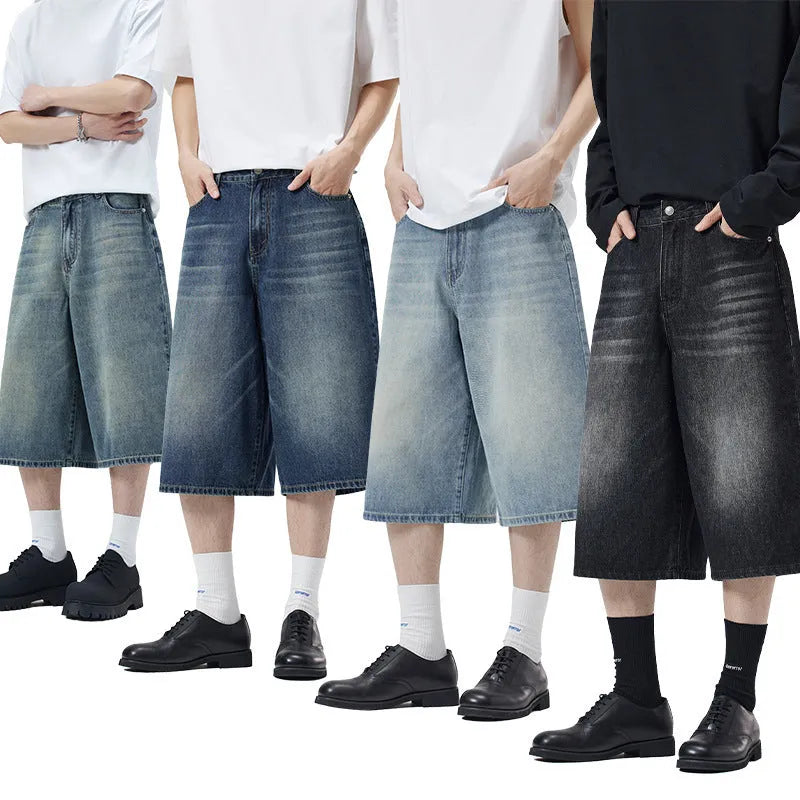 Men's loose straight leg denim summer shorts in cropped length showing light blue colour option