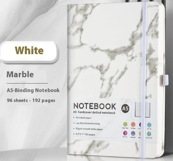 A5 soft touch PU leather notebook open on lined pages, shown in multiple colour options.