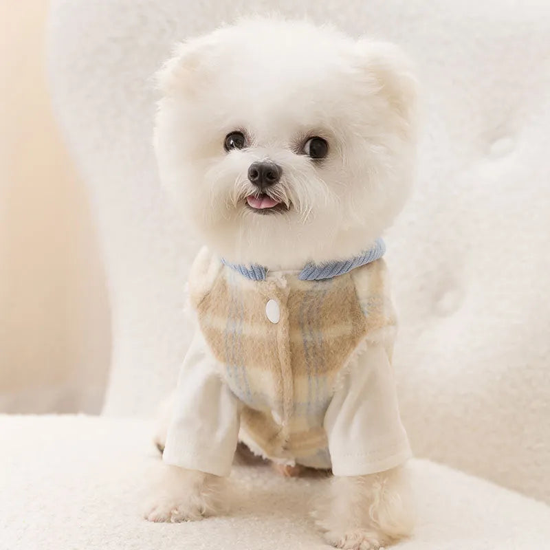 Blue corduroy dog hoodie vest with chessboard grid pattern and attached hood featuring traction details
