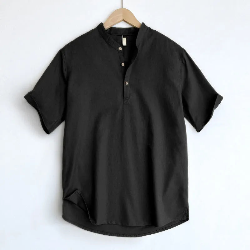 Men's solid colour linen blend short sleeve t-shirt on a hanger.