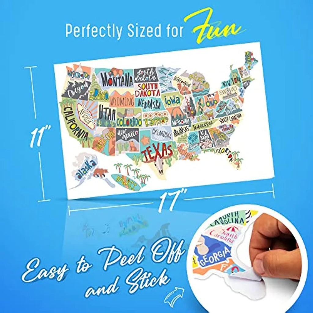Travel-themed vinyl sticker set showing letter stickers and a world map design on white backing paper.