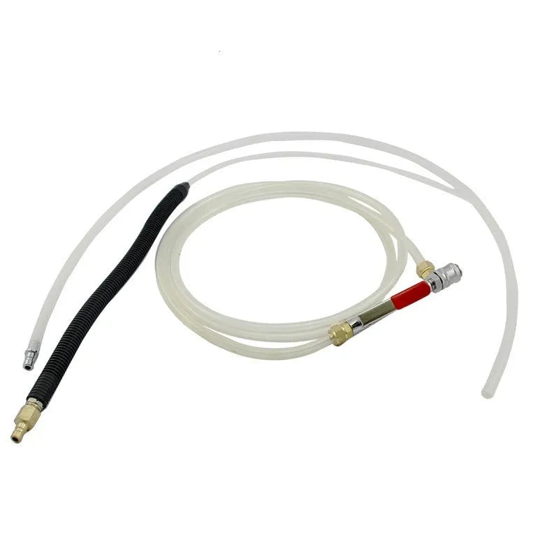 Pneumatic automatic transmission oil changer tool with fluid tank.