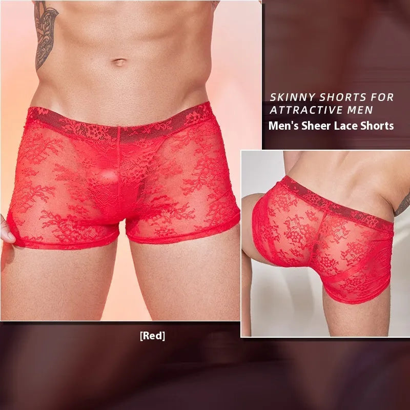 Nylon lace trim men's boxers in black, red, or white, shown in free size.
