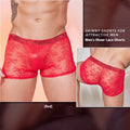 Nylon lace trim men's boxers in black, red, or white, shown in free size.