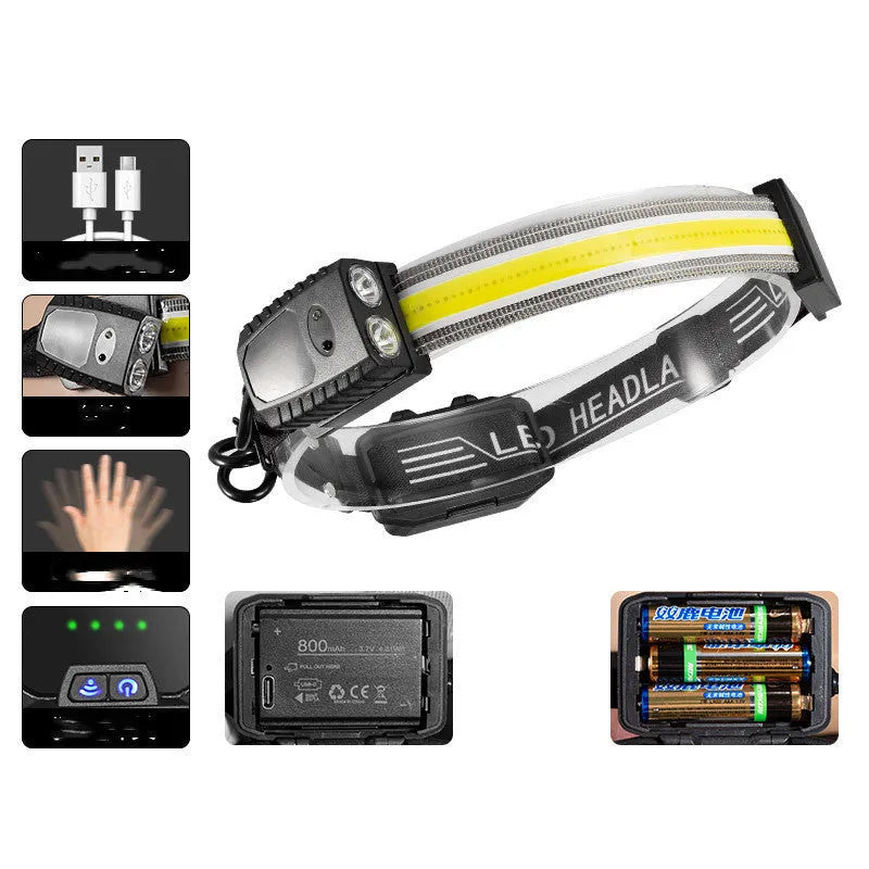 Black multifunctional headlamp with gesture sensing, showing COB and XPE LEDs on the front.