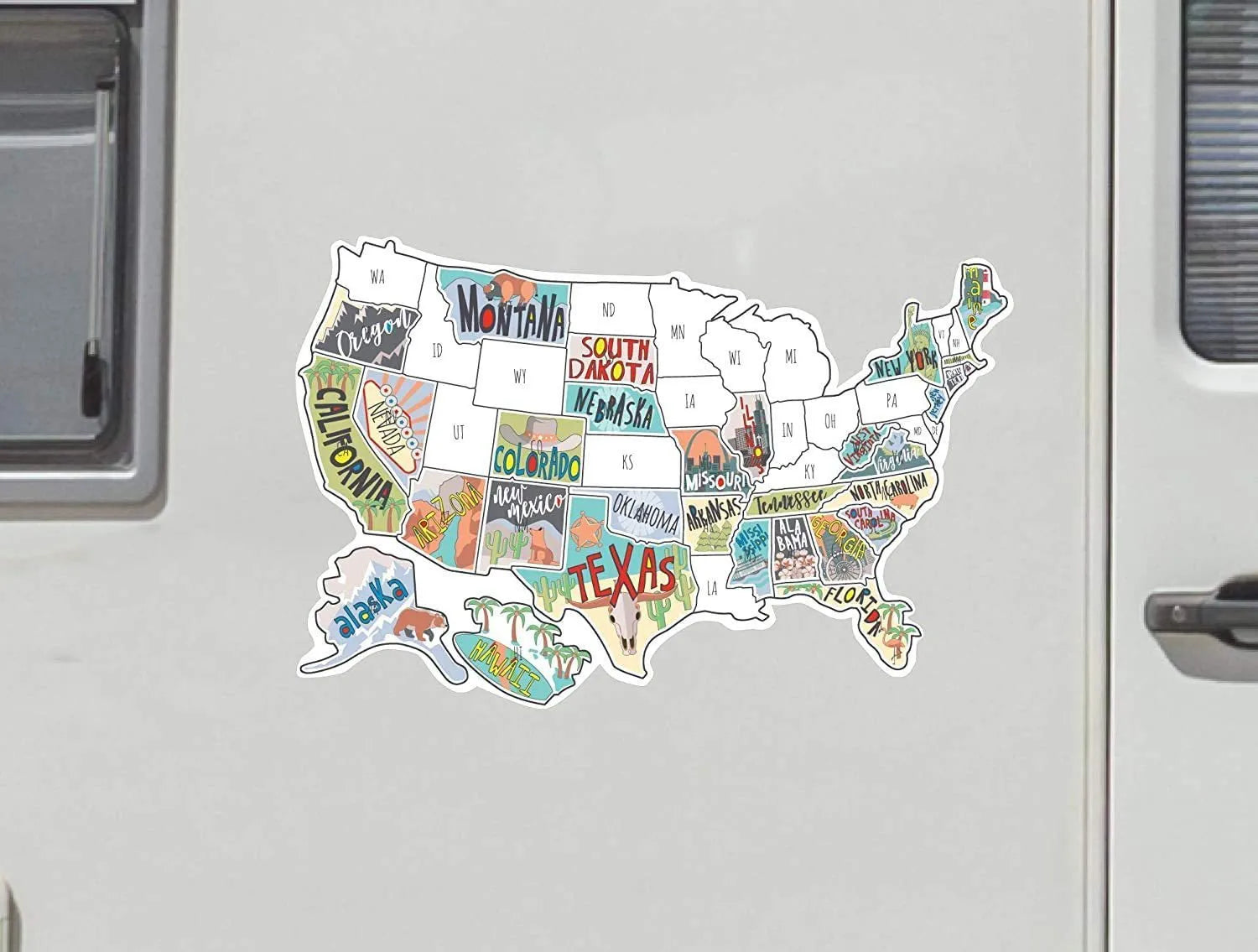 Travel-themed vinyl sticker set showing letter stickers and a world map design on white backing paper.