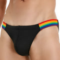 Men's low waist nylon mesh briefs with rainbow waistband in black, white and dark blue colour options