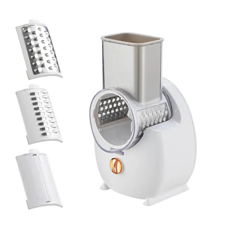 White electric vegetable slicer with rotary cutting mechanism and suction base for kitchen use