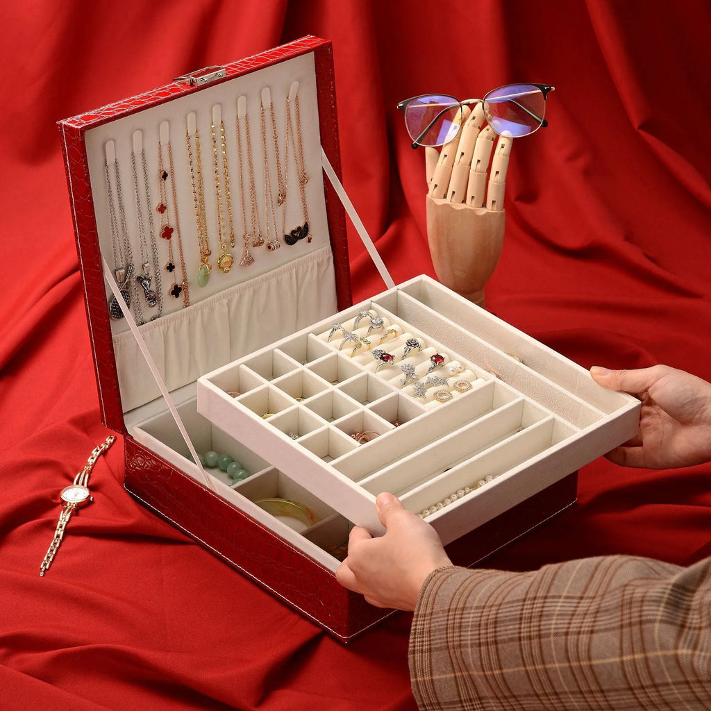 Leather double layer jewellery box with lock and crocodile pattern