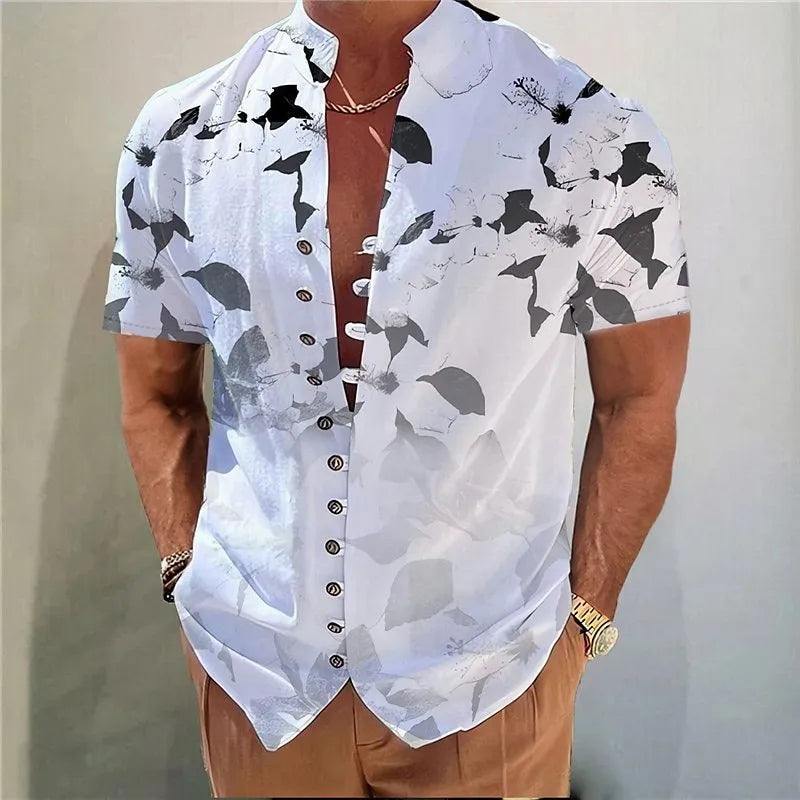 Youth wearing a short sleeve cardigan shirt with a geometric floral pattern in a polyester blend fabric.